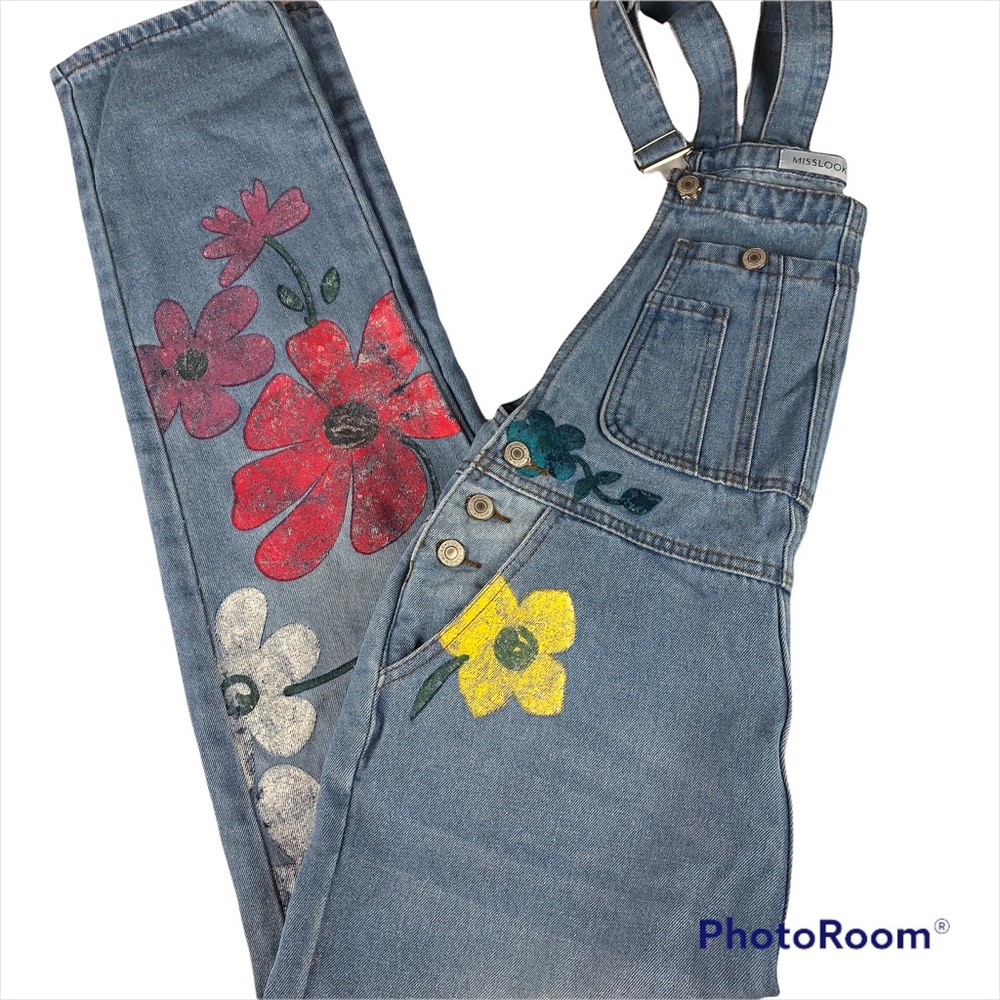 Mislook Overalls Medium Denim Floral Bibbed Coveralls 5 Pocket Flowers